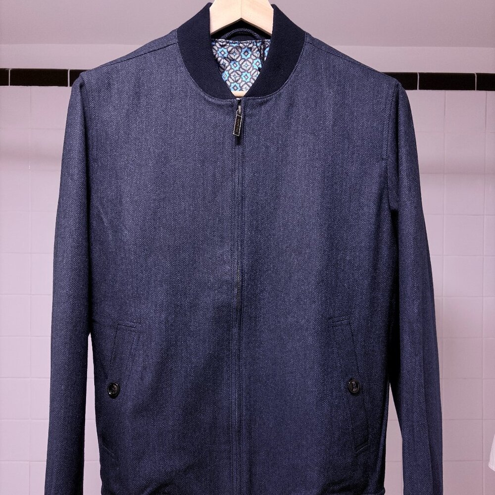 Ted Baker London bomber jumper blue herringbone NEW